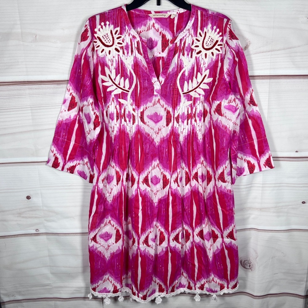 Soft Surroundings Ikat Tunic Dress Women L Pink Geometric Embroider Crochet Hem